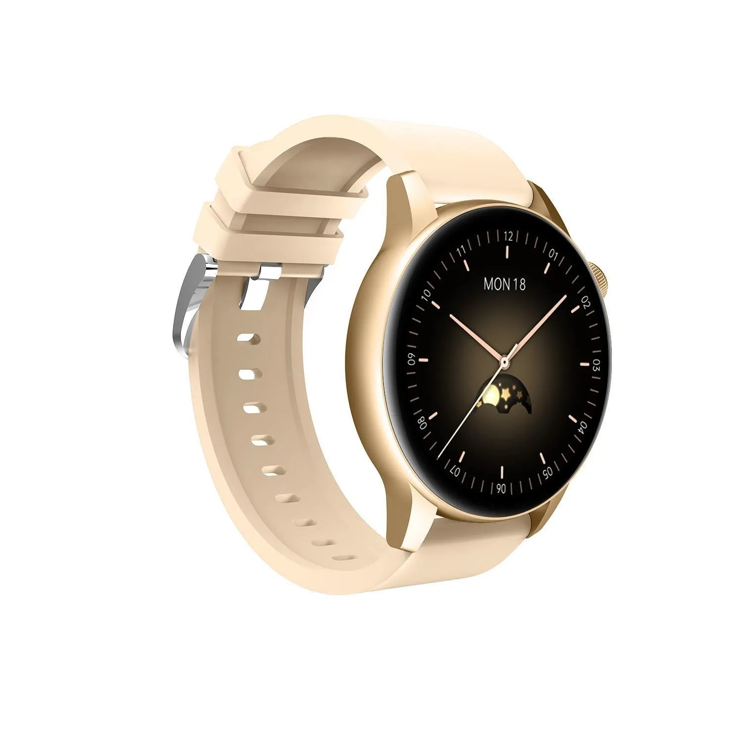 Stainless steel smart watch with colour touchscreen on wrist showing time display