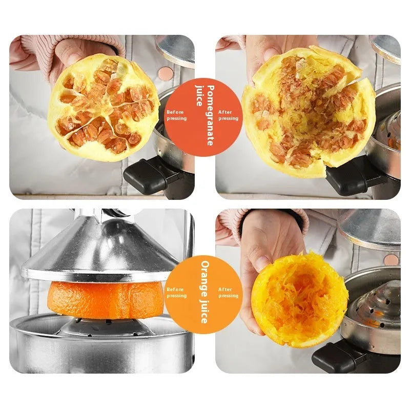 Tall black manual citrus juicer with cast iron base and stainless steel press cone on a kitchen counter