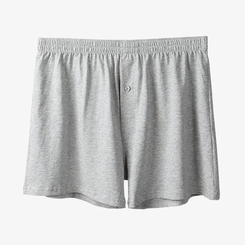 Men's pure cotton boxer shorts in light grey colour showing loose fit and high waist design