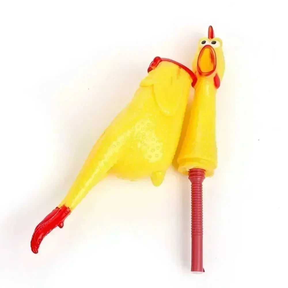 Yellow rubber screaming chicken dog chew toy with squeaker, shown in small, medium and large sizes.