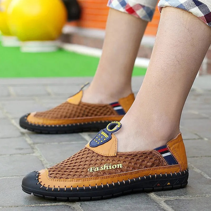 Men's brown casual mesh shoes with round toe and rubber sole