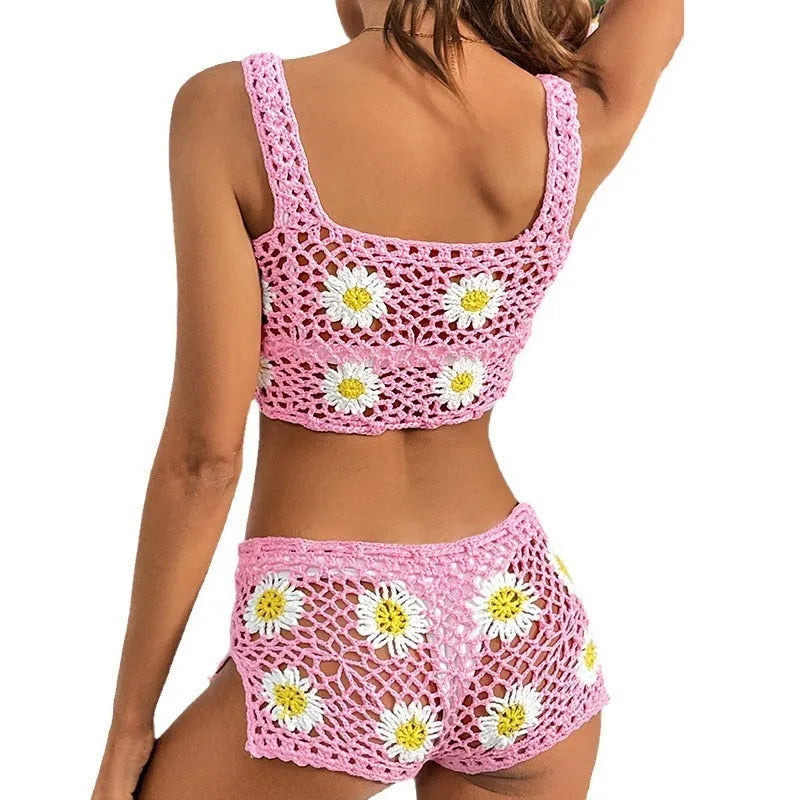 Light green flower pattern swimsuit bikini set made from hollow yarn fabric