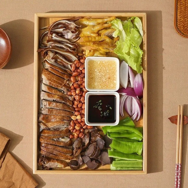 Brown handle bamboo square serving tray on a table, pastoral style solid colour.