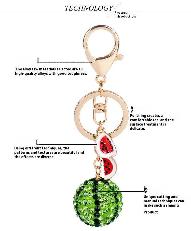 Green watermelon-shaped zinc alloy keychain measuring 12cm with metal construction