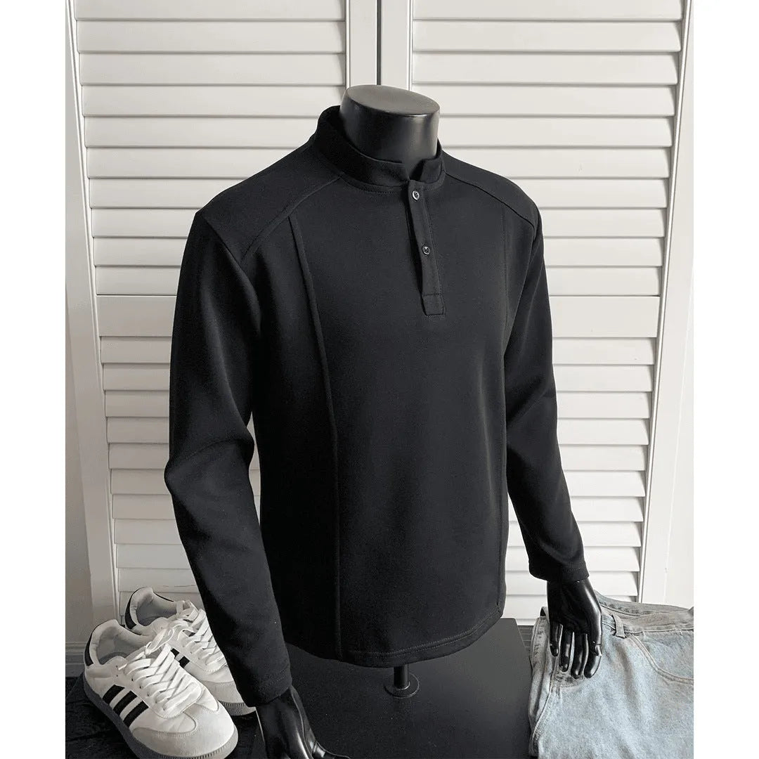 Men's asymmetric patchwork long sleeve polo shirt with a stand-up collar in heather grey.