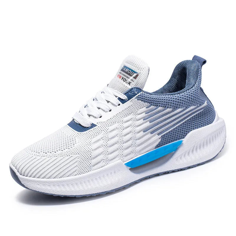 A pair of blue men's casual mesh sports shoes with a round toe and cloth upper.