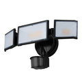 White 120V LED flood light with motion sensor for outdoor security mounting.