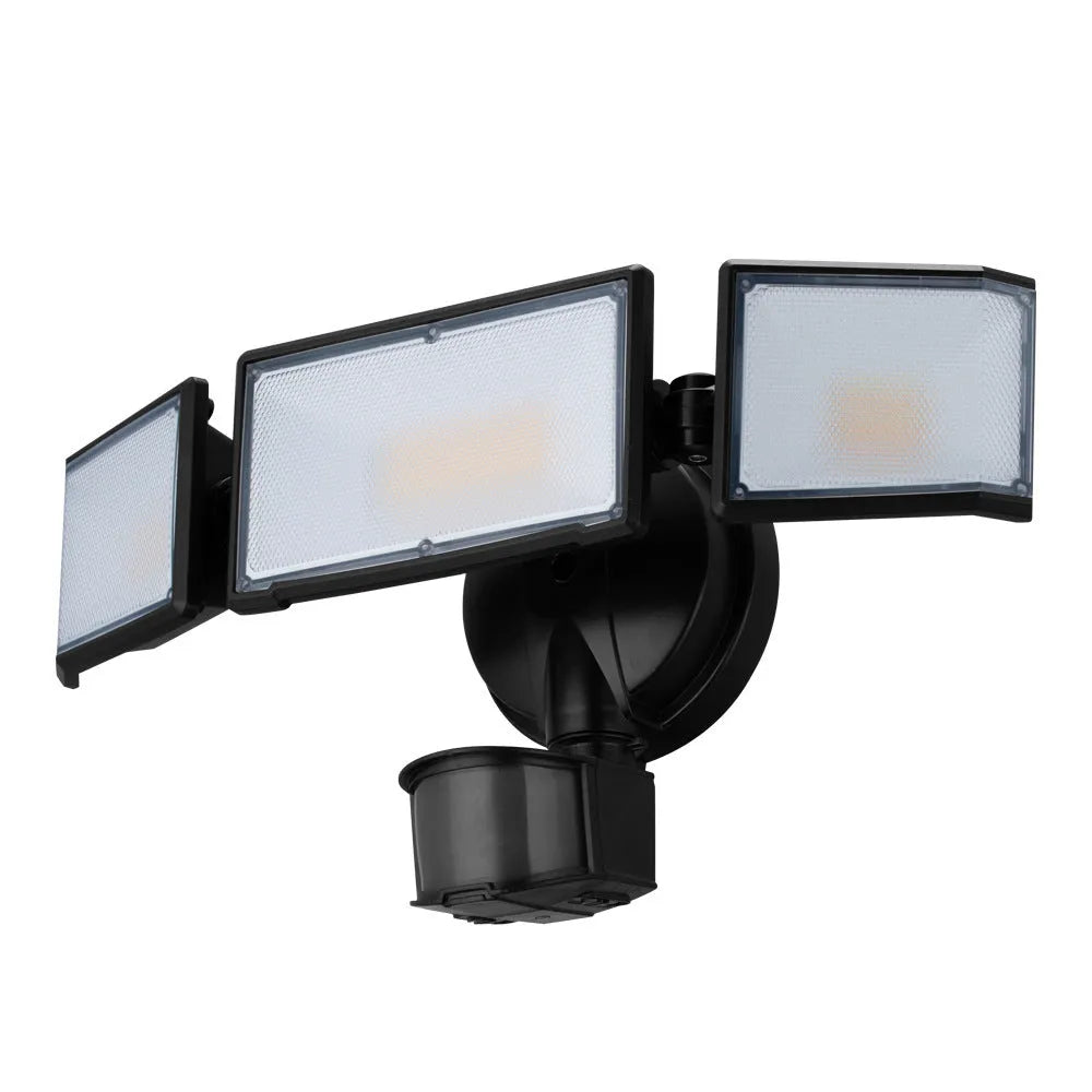 White 120V LED flood light with motion sensor for outdoor security mounting.