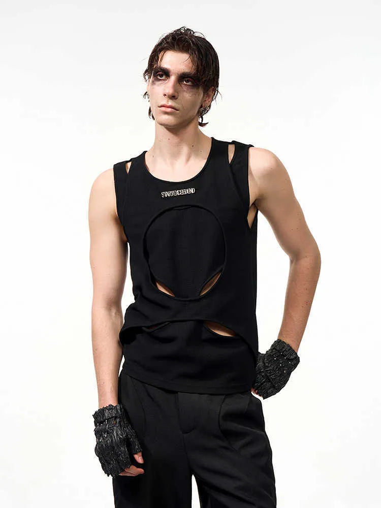 Men's black sleeveless waistcoat with hollow knit construction and round neckline