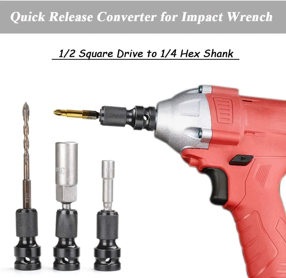 Steel telescopic bit holder adapter for converting square wrench drives to hexagonal handles