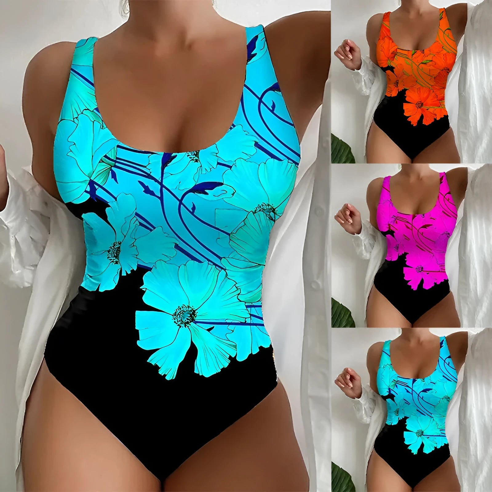 Women's tight one-piece swimsuit with 3D printed pattern in orange red, sky blue, or purple colours