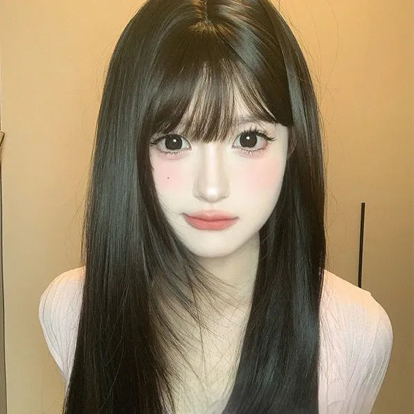 Dark brown long straight full-head wig with bangs for round face shapes