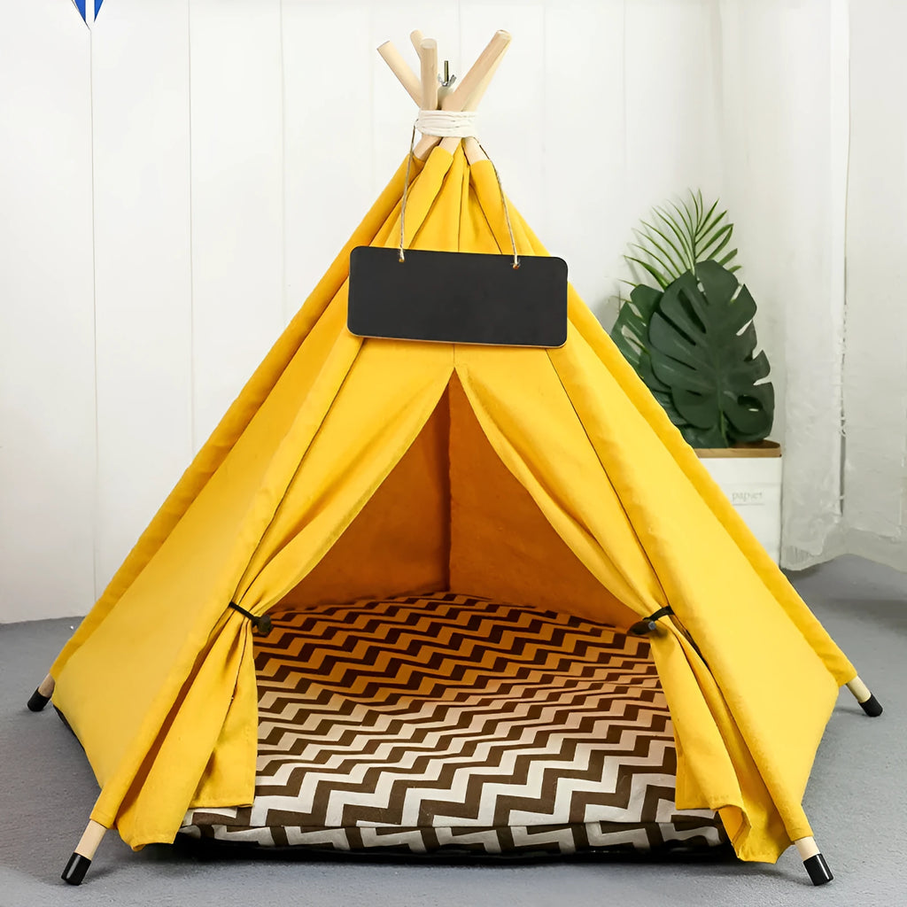 White and yellow striped flax linen pet teepee bed with cushion for small dog or cat.