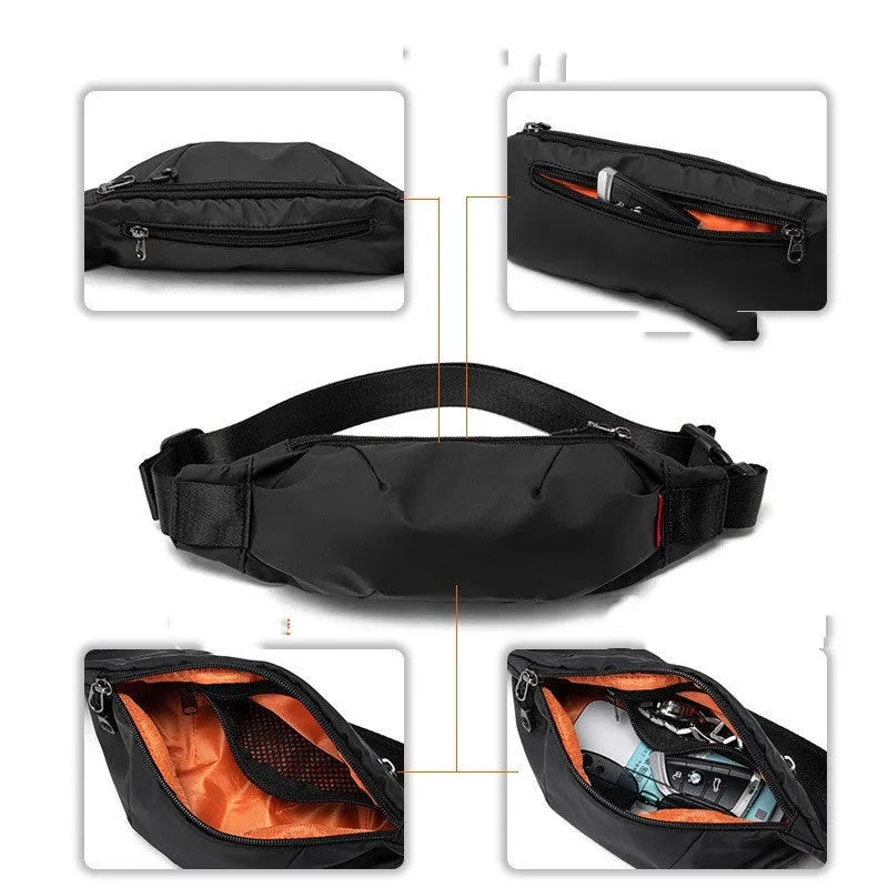 Black Oxford cloth waist pack with crossbody strap showing multiple interior compartments
