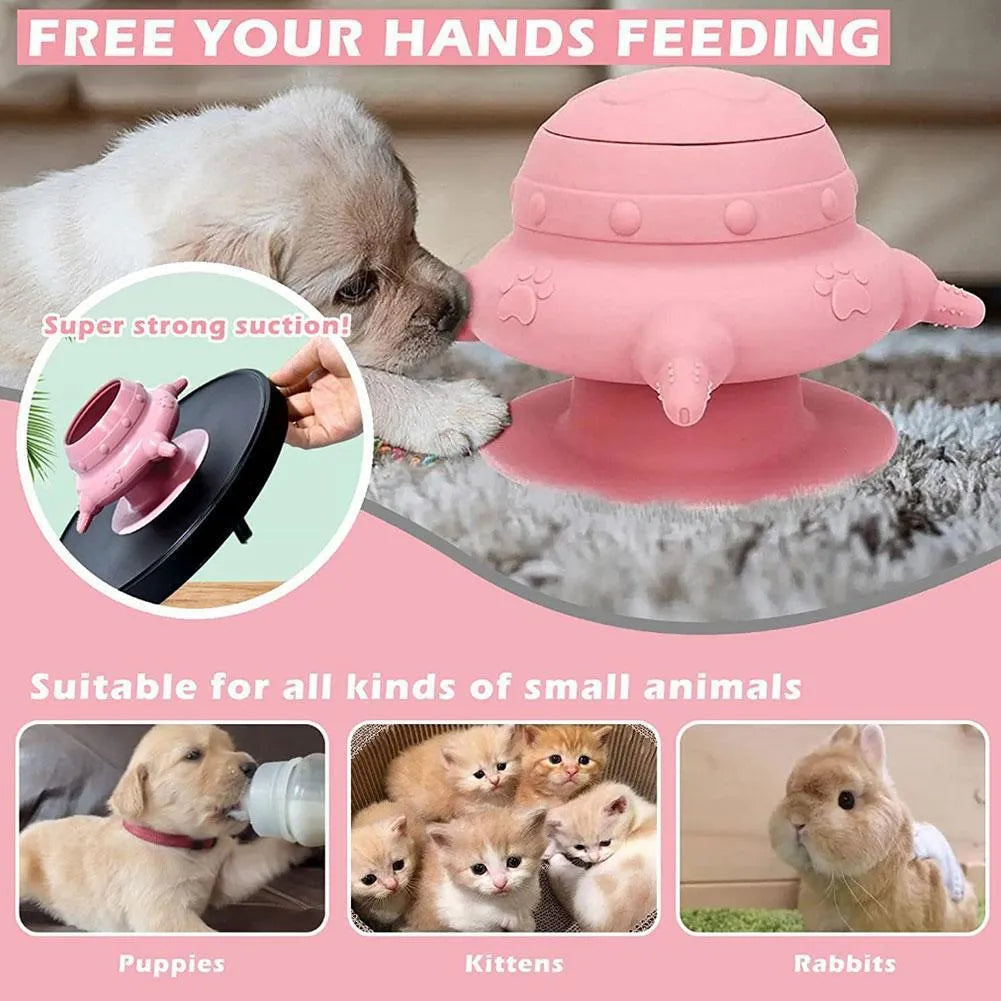Pink silicone pet nursing device with four milk bowls for puppies and kittens