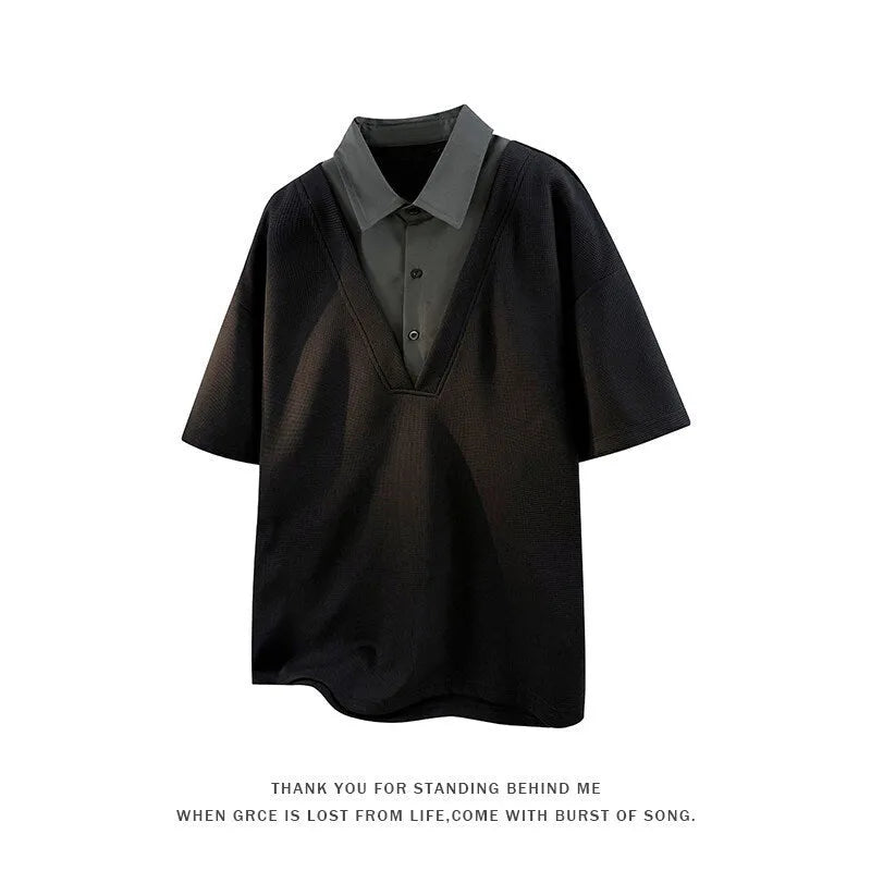 Men's black padded Henry collar polo shirt sweater with short sleeves in spandex fabric