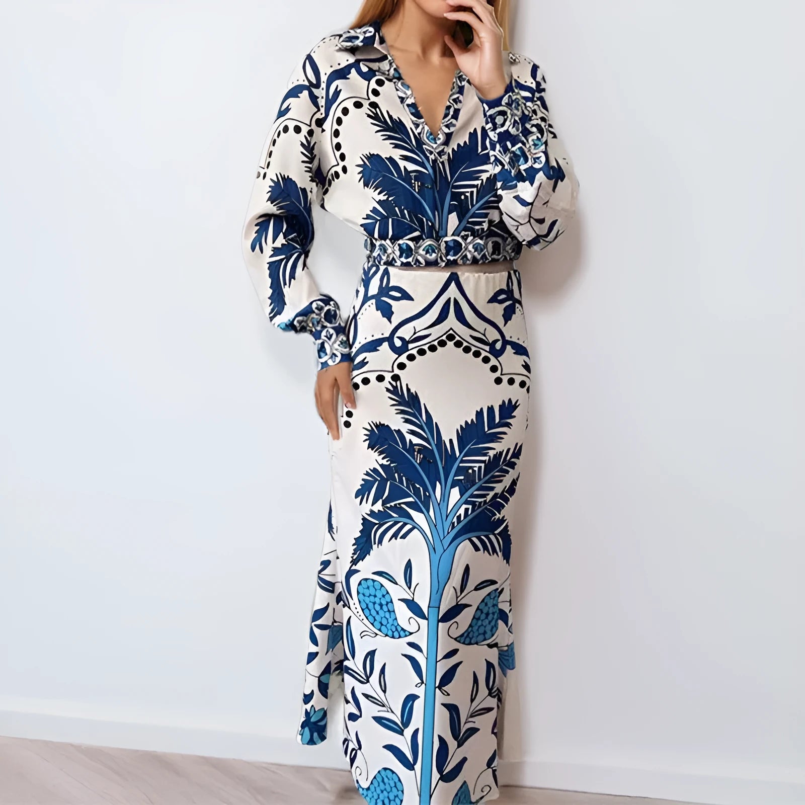 Early spring idle style women's casual set with long sleeve polyester top and matching long skirt