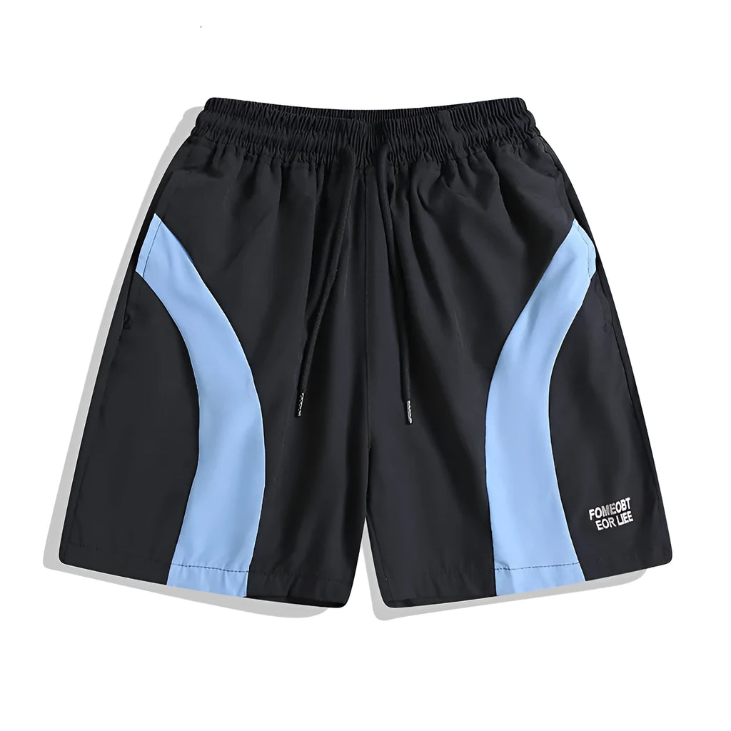 Men's black quick-drying sports shorts with grey contrast panels and elastic waistband