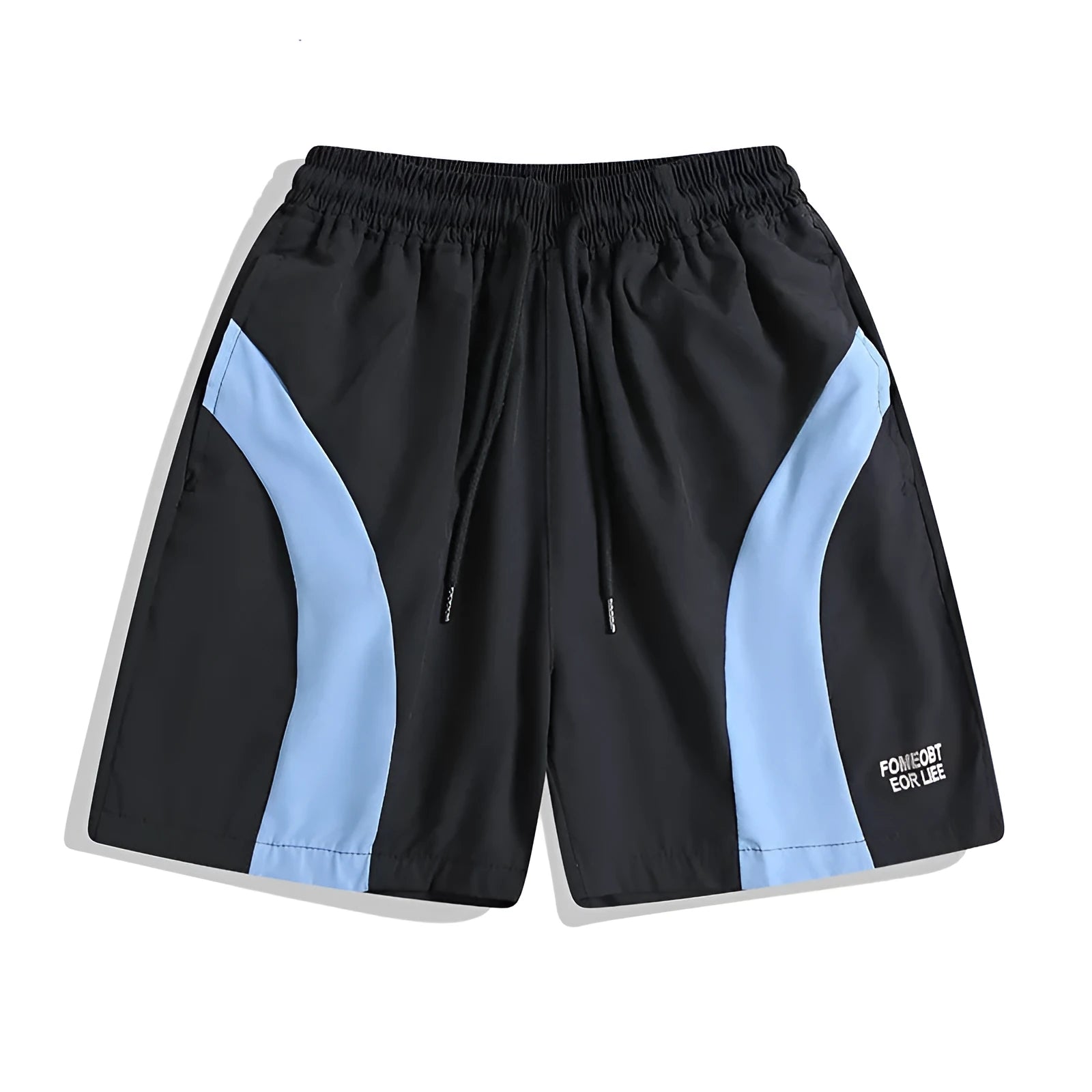 Men's black quick-drying sports shorts with grey contrast panels and elastic waistband