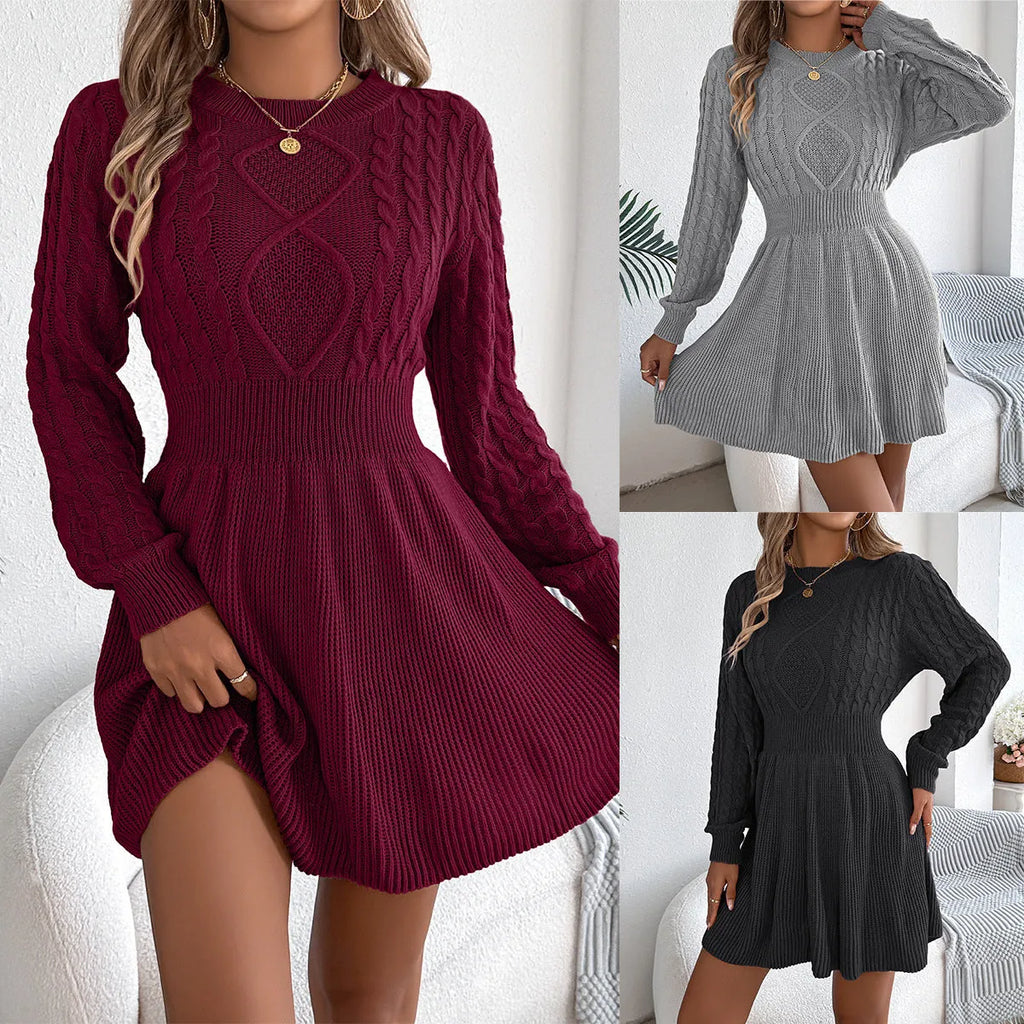 Women's long sleeve sweater dress with lantern sleeves and elastic waist in solid colour
