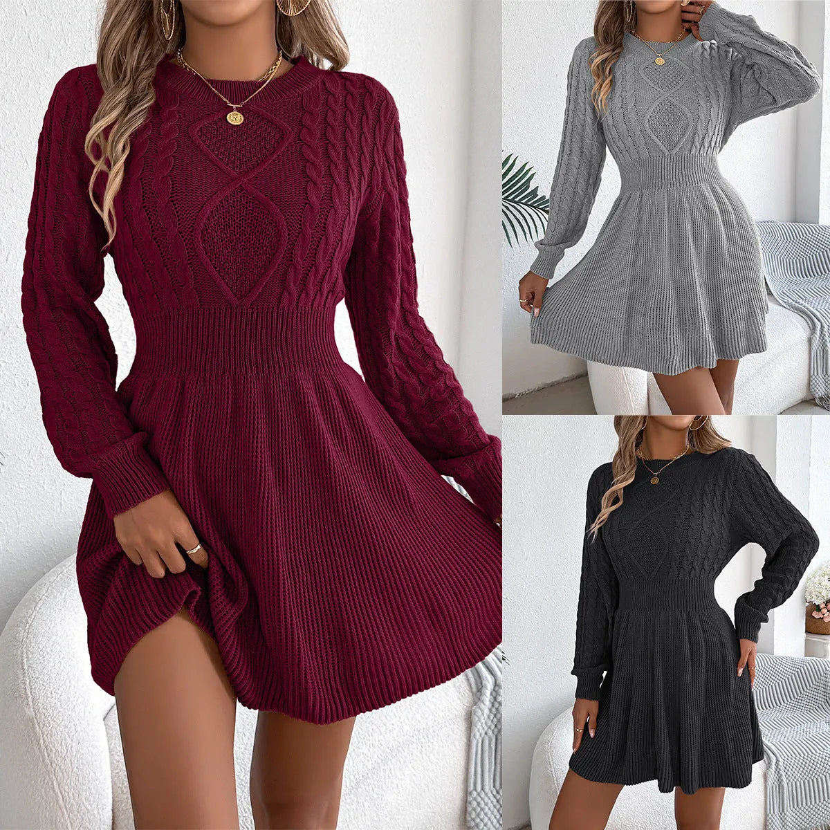 Women's long sleeve sweater dress with lantern sleeves and elastic waist in solid colour