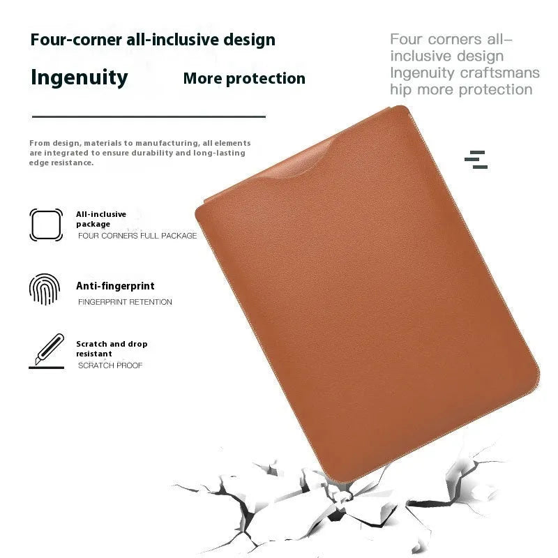 Four imitation leather corner protectors for MacBook Pro in apricot, brown, grey, and light pink colours