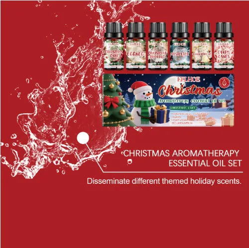Christmas aromatherapy oil set showing six 10ml bottles including Warm Home fragrance
