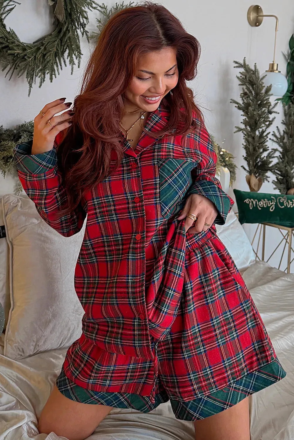 Red Christmas pyjama set with plaid contrast patched long sleeve shirt and matching shorts