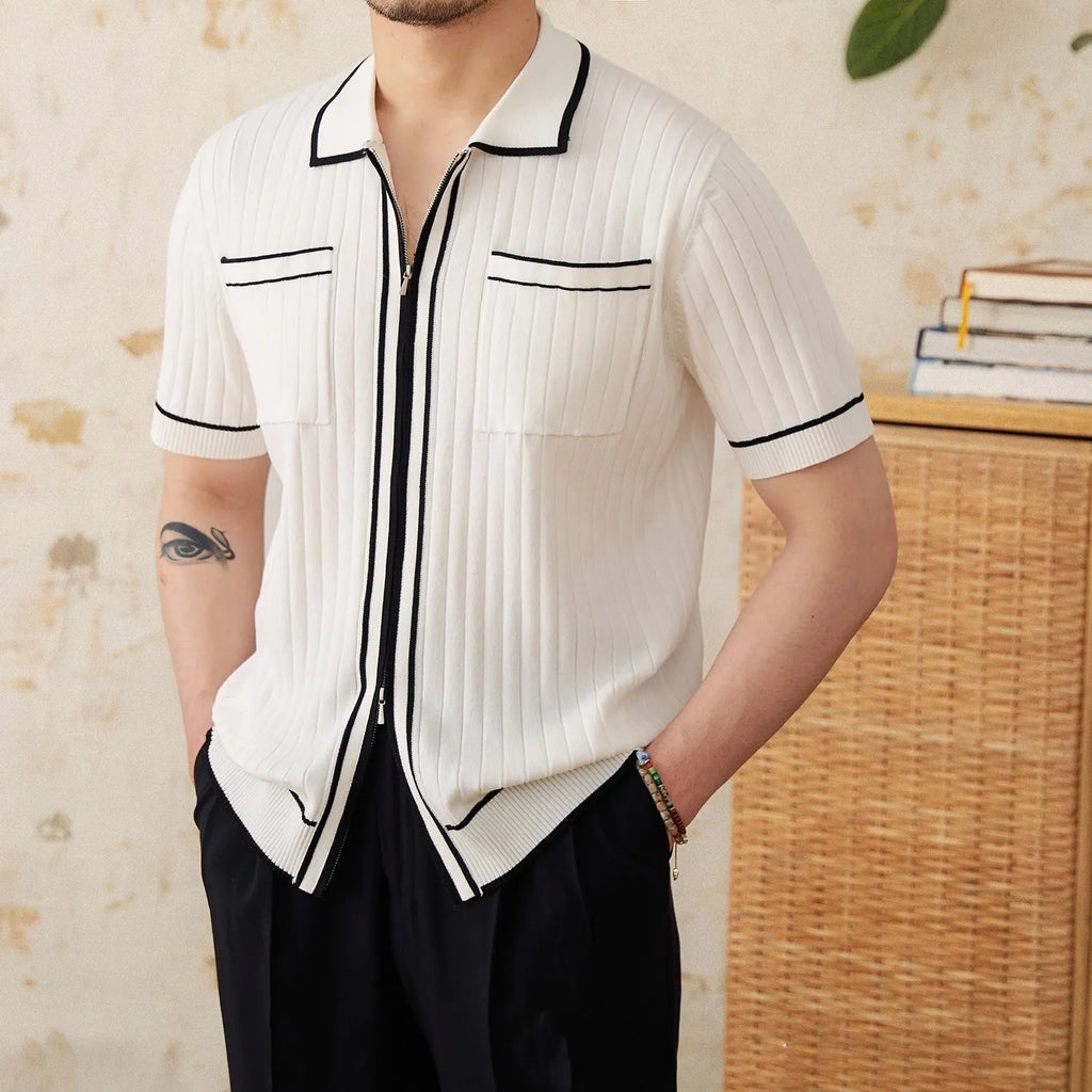 Men's black slim fit short sleeve polo shirt with lapel collar on hanger