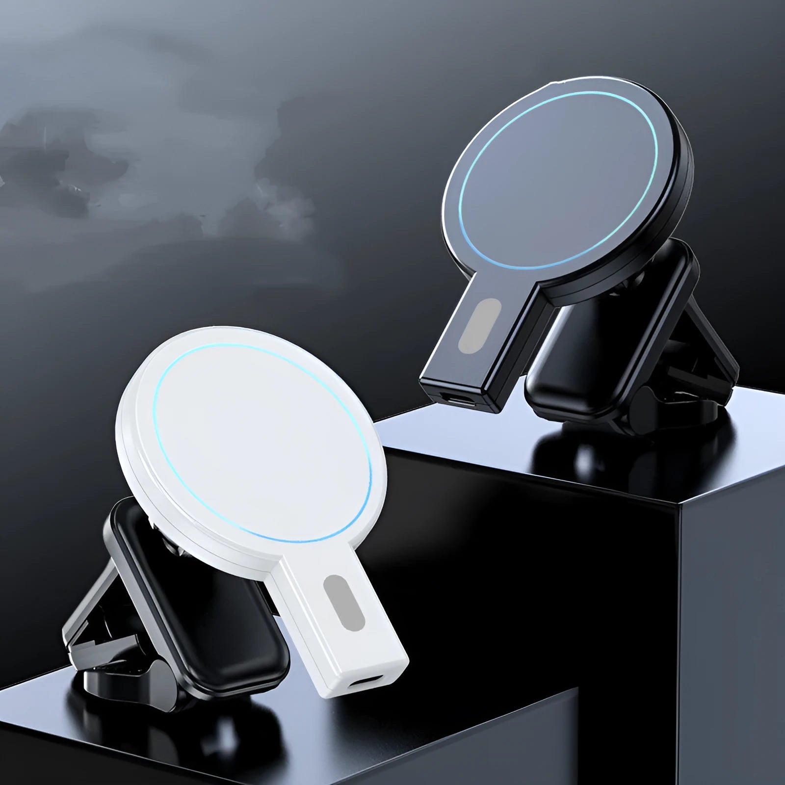 Black magnetic wireless phone charger with foldable stand in both flat and angled positions