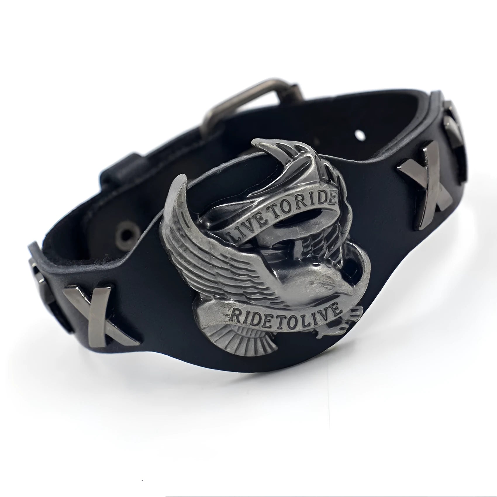 Black geometric leather men's bracelet with a detailed alloy eagle buckle clasp on a white background.