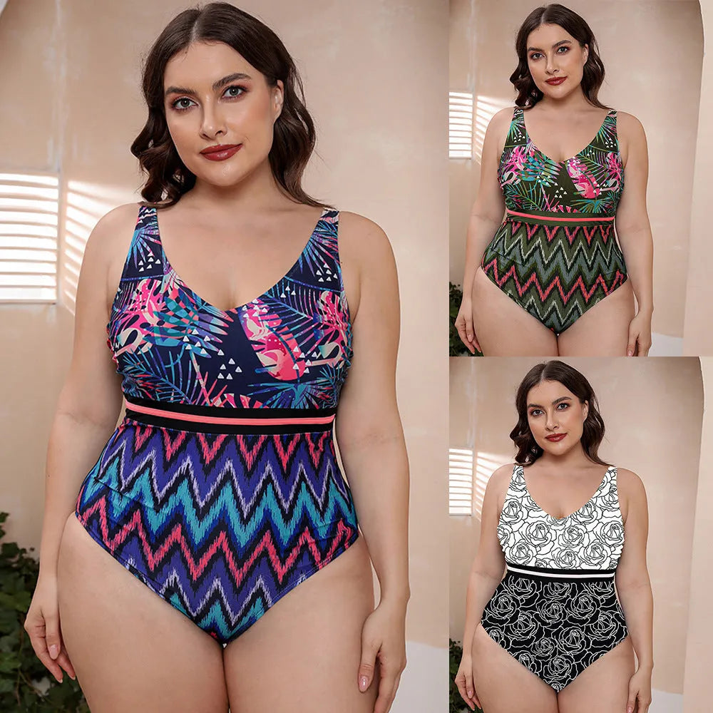 Women's striped spaghetti strap one-piece swimsuit in blue, white, or green printed patterns.