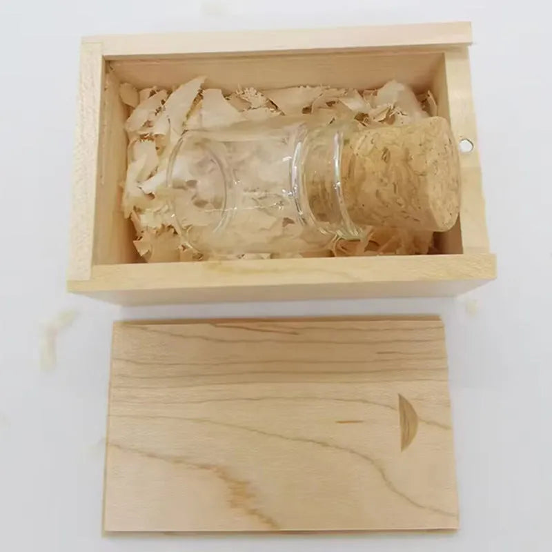 Wooden wish drift bottle USB flash drive with transparent housing showing decorative interior
