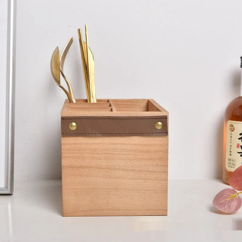 Wooden kitchen storage box with grid compartments for knives forks chopsticks