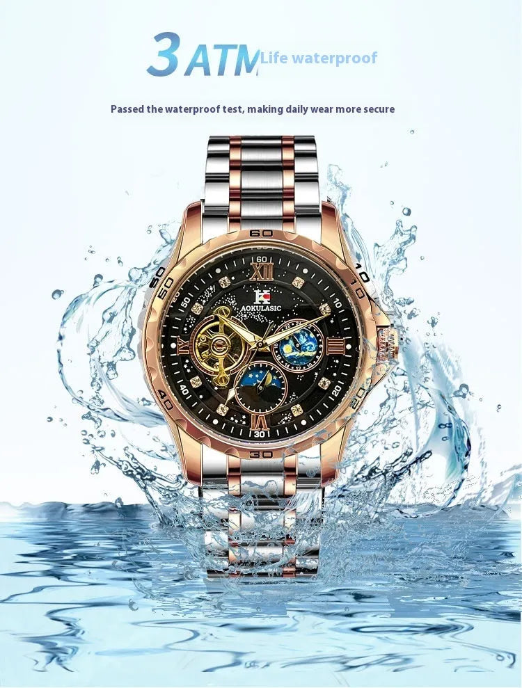 Rose gold automatic mechanical men's watch with black dial and large 44mm case.