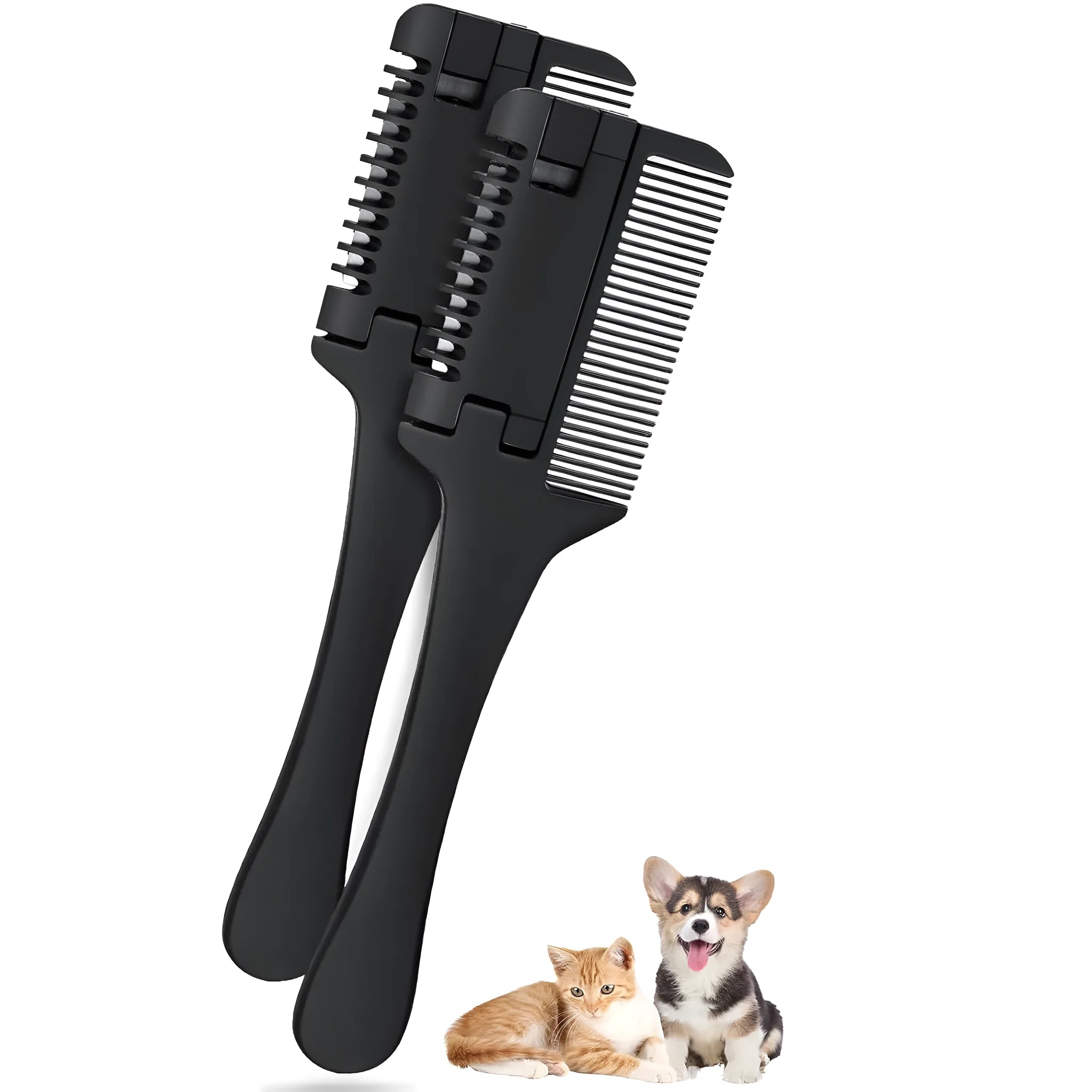 A 2-in-1 razor comb and trimmer for grooming dogs and cats, shown with a pack of 10 replacement blades.