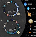 Natural stone bead zodiac bracelet set showing twelve star sign designs with adjustable cord closure