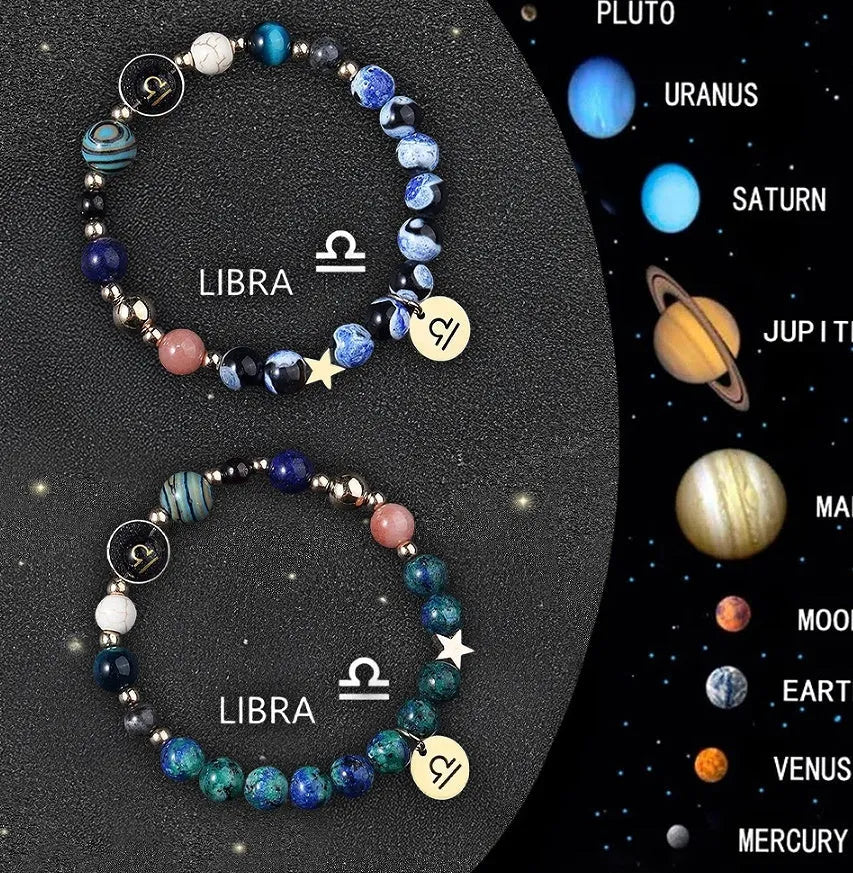Natural stone bead zodiac bracelet set showing twelve star sign designs with adjustable cord closure