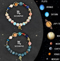 Natural stone beaded bracelets showing zodiac symbol designs on textured mineral beads