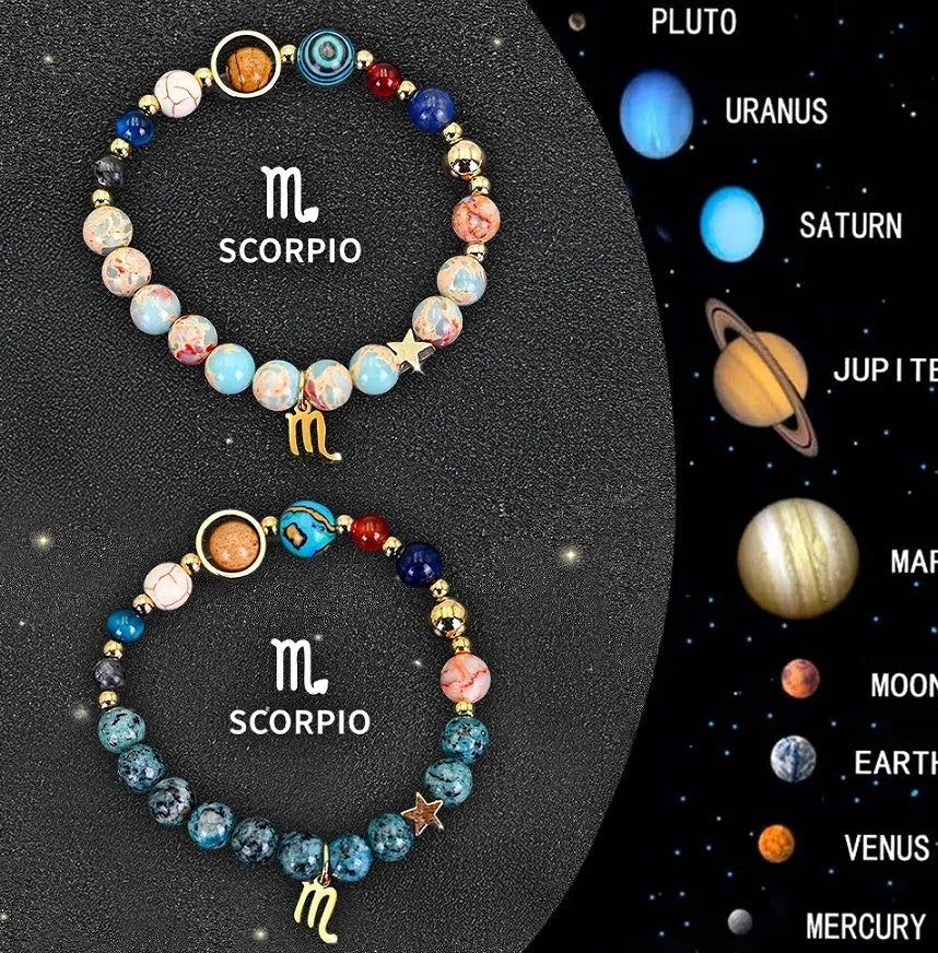 Natural stone beaded bracelets showing zodiac symbol designs on textured mineral beads