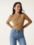 Camel-coloured slim fit women's long sleeve pullover sweater on a hanger.