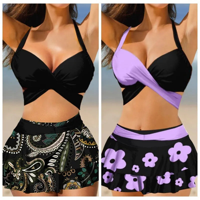 Purple women's high-waisted bikini set with matching skirt and lace-up detail