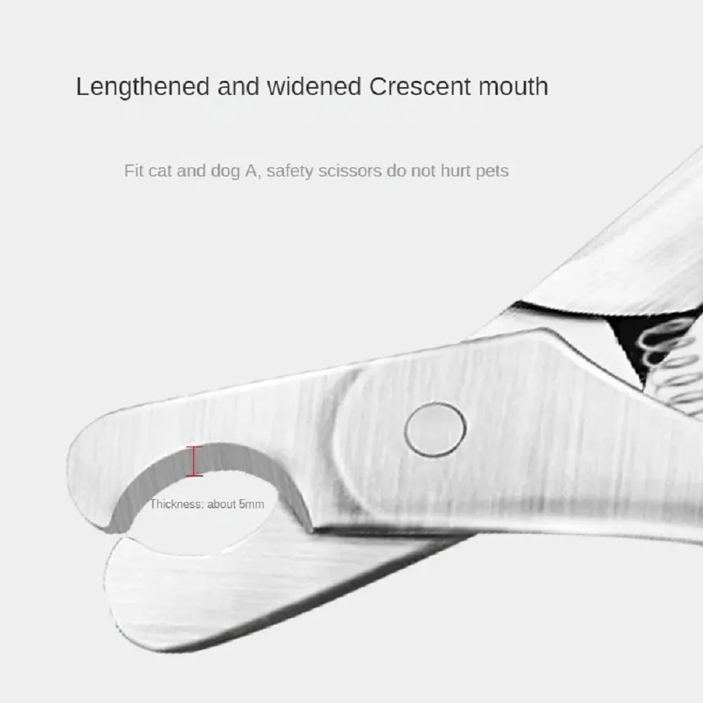 Silver stainless steel pet nail clipper with safety guard and ergonomic handles.