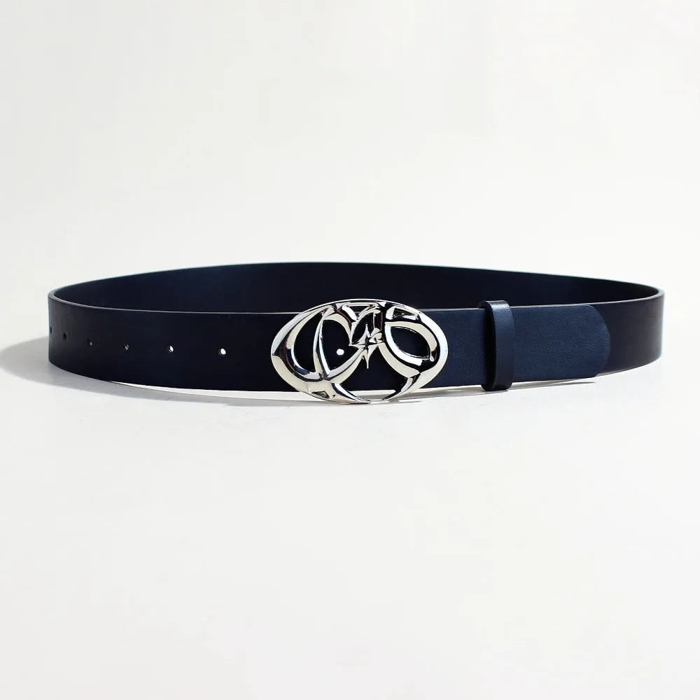 Casual silver buckle belt with snap button closure on PU leather strap