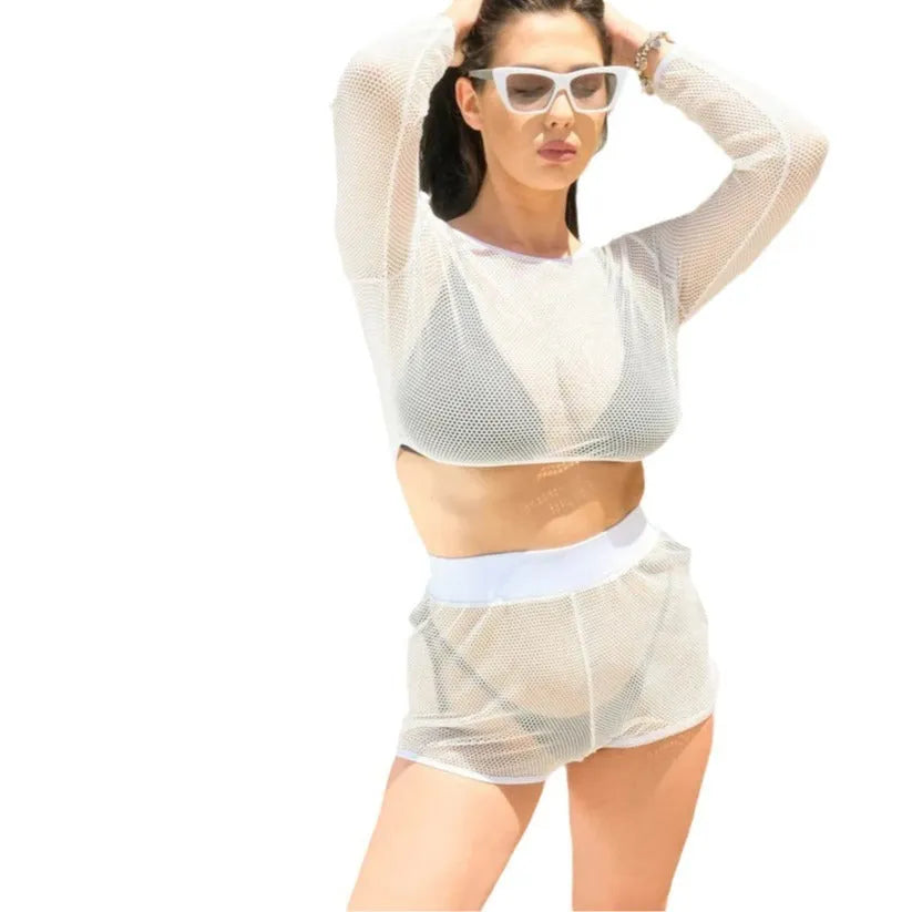 White transparent women's beach swimsuit set with separate top and skirt on mannequin