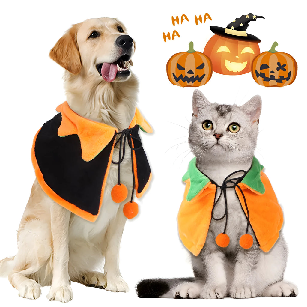 Orange plush Halloween cloak costume for a dog or cat, shown in sizes S, M, L.