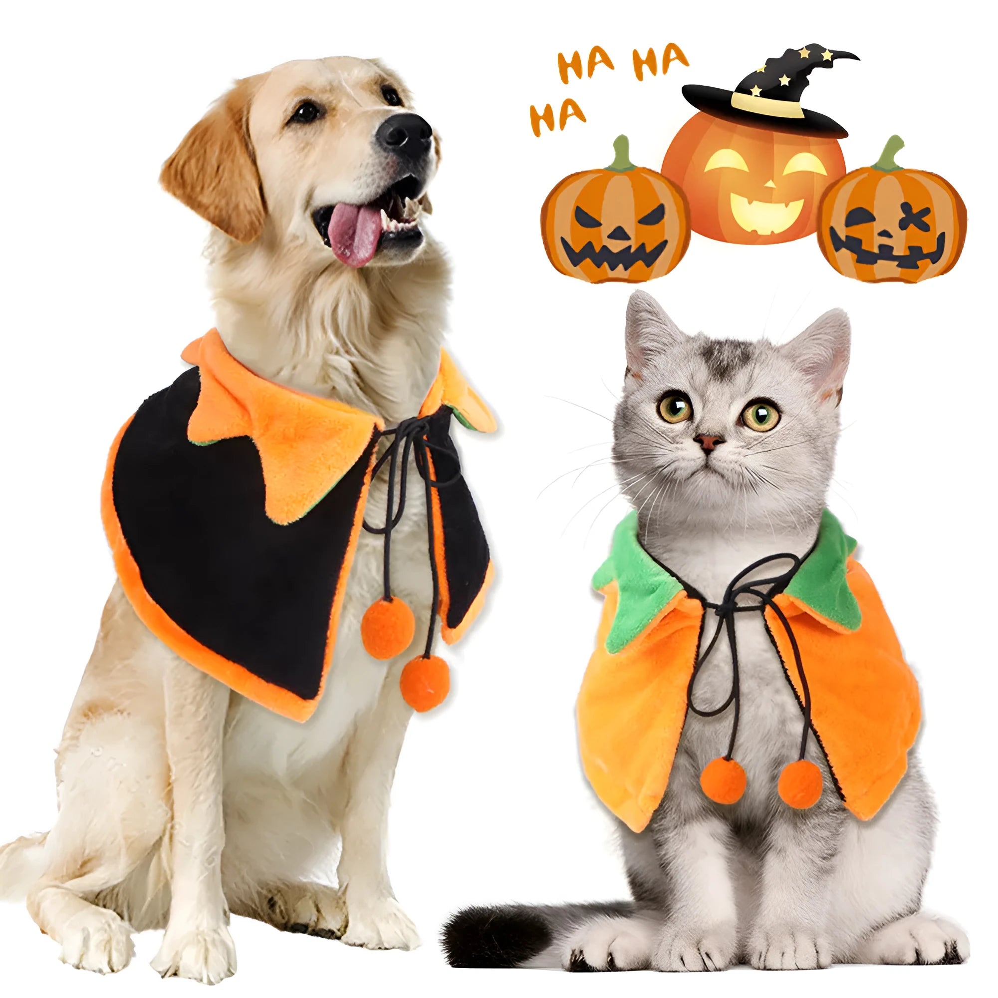 Orange plush Halloween cloak costume for a dog or cat, shown in sizes S, M, L.