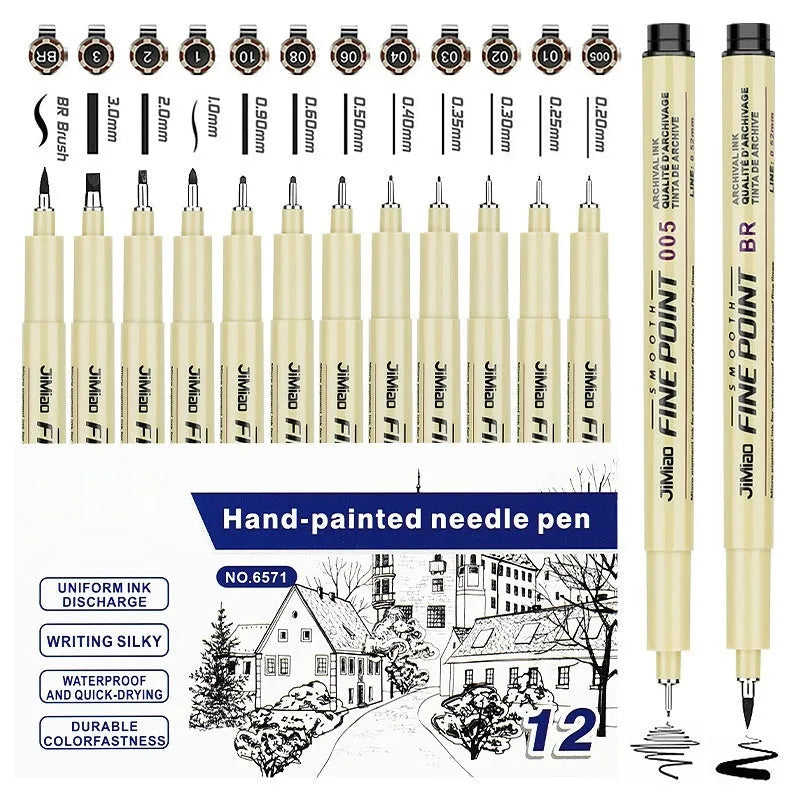 Waterproof hook tip needle drawing pen with black ink for sketch and cartoon line art.