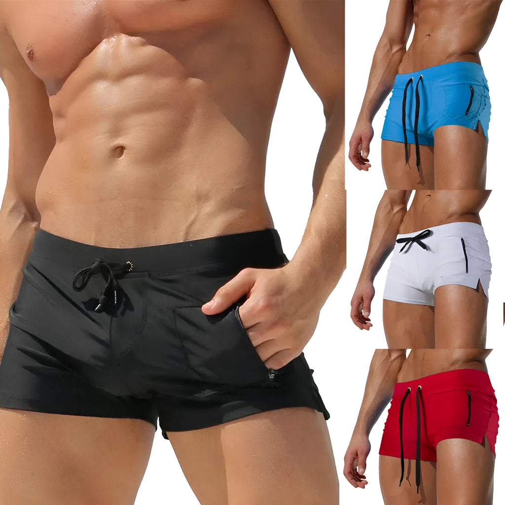 Men's black high waist swimming trunks with a lace-up front, briefs style.
