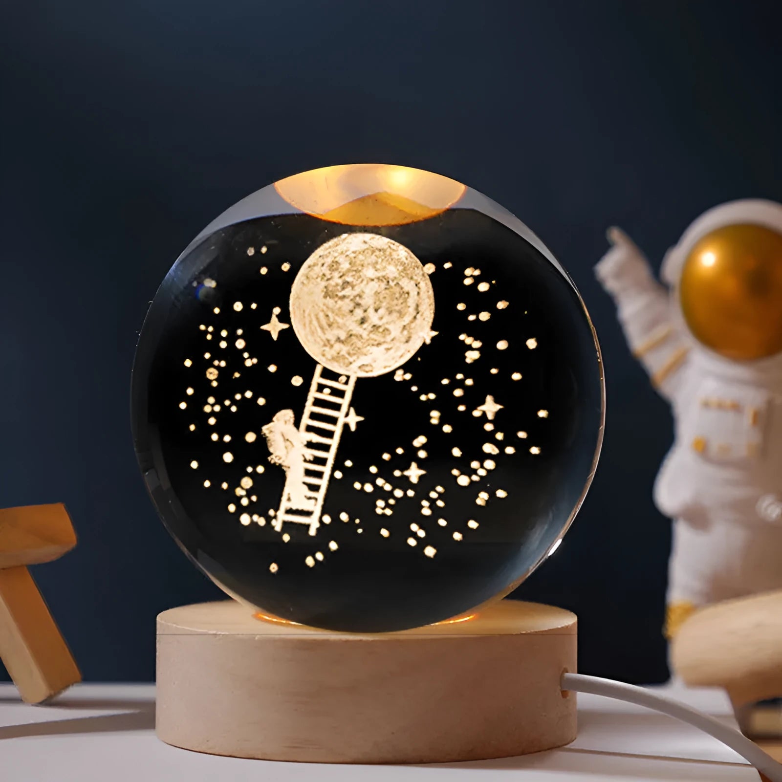 Crystal ball night light on wooden base with starry sky projection illumination